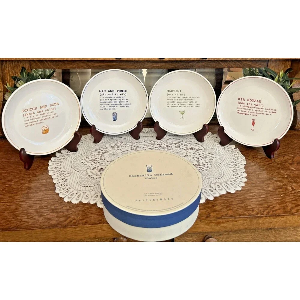 POTTERY BARN Cocktails Defined Salad Appetizer Plates W/Cocktail Recipes BNIB